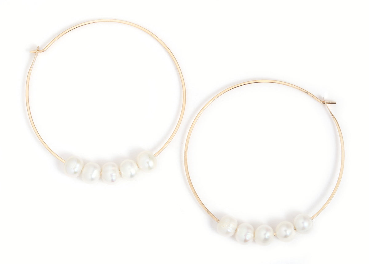 White Floating Pearl 50mm 14K Gold Filled Hoop Earrings - Jean Joaillerie