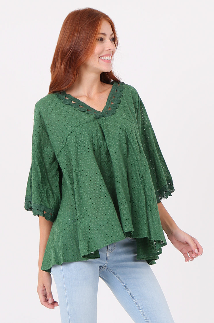 SPS2356-GREEN BRODERIE ANGLAISE COCHET TRIM BLOUSE – 10 Store
