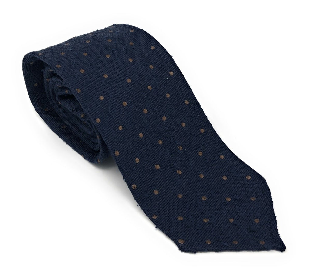 Polka Dot Shantung Tie - Navy with Brown Dots – Wilmok