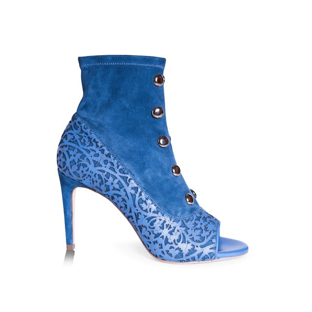 blue suede peep toe booties