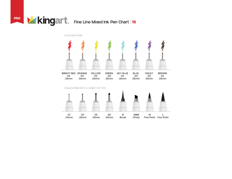 Kingart 8ct Inkline Fine Line Size 08 Pen Set - Pro Level