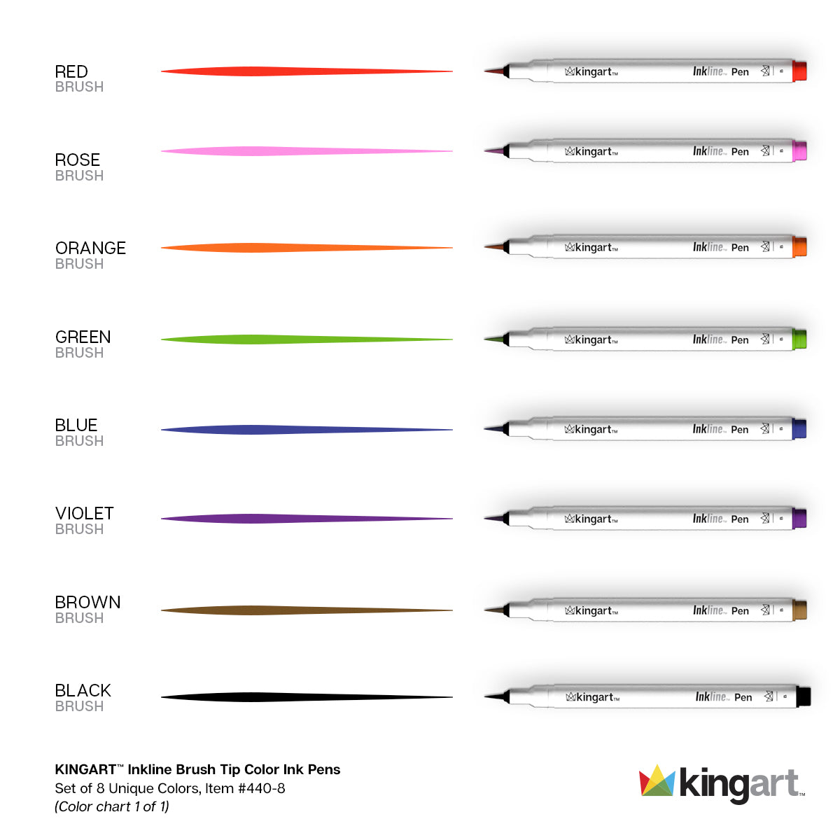 KINGART Inkline Brush Tip Color Ink Pens, Set of 8