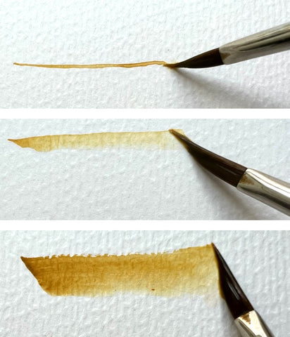 How to paint a fall leaf using the tri wedge brush. Steps showing the 3 brush sides and the marks it makes. 