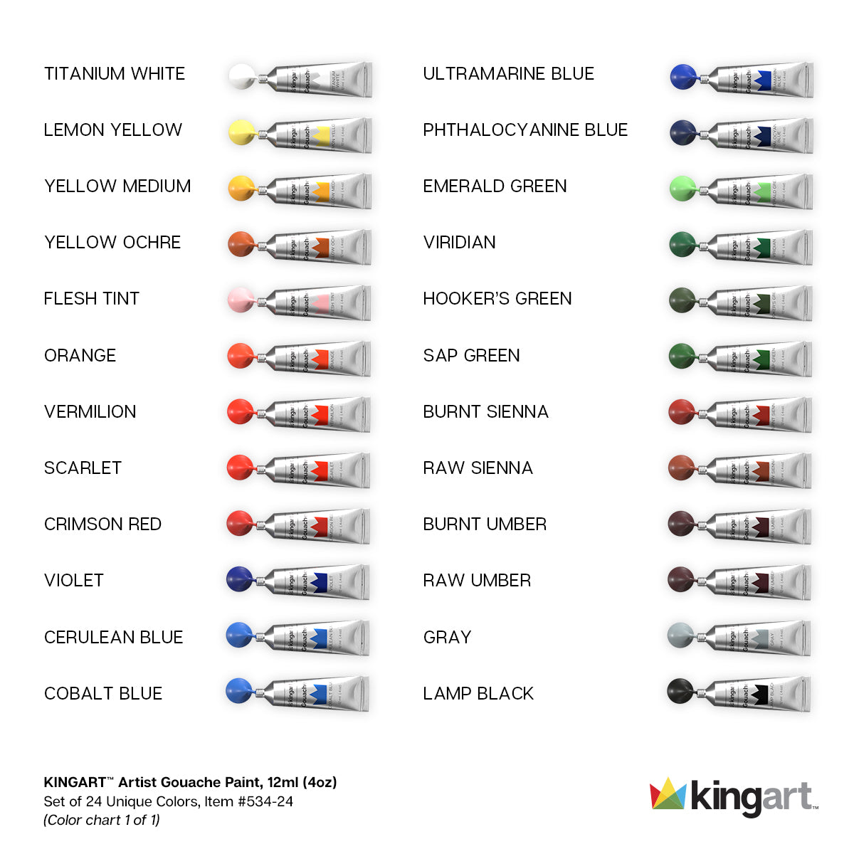 Swatch Form: Kingart® PRO Gouache Paint Tubes 24pc. 