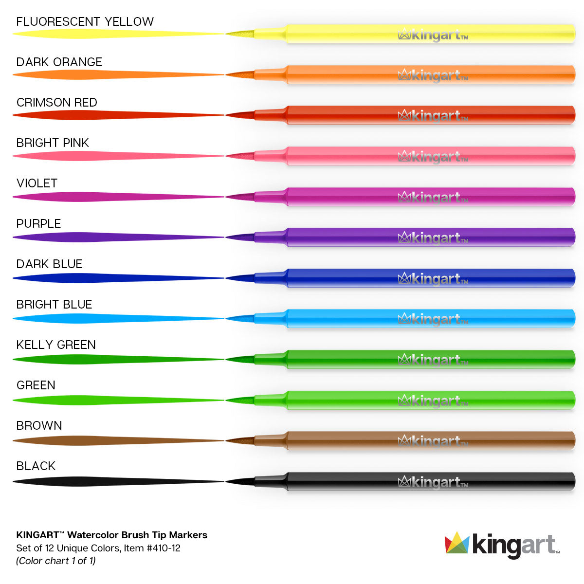 KINGART® Watercolor Brush Markers, Storage Case, Set of 12 Unique Colors