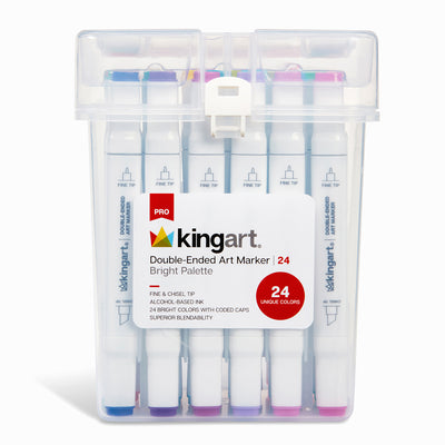 KINGART® PRO Double-Ended Art Alcohol Markers, 24 Bright Palette Colors  with Both Fine & Chisel Tips and Superior Blendability, KINGART