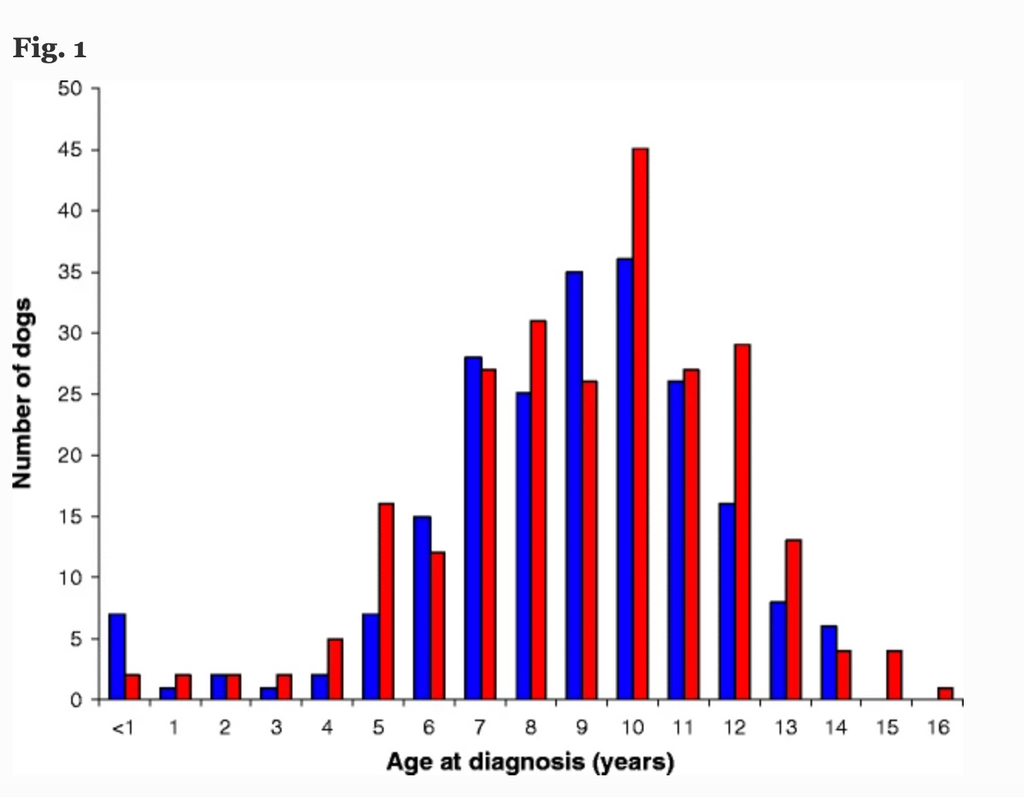 Age of diagnosis from a sampling of 500 diabetic dogs in the UK