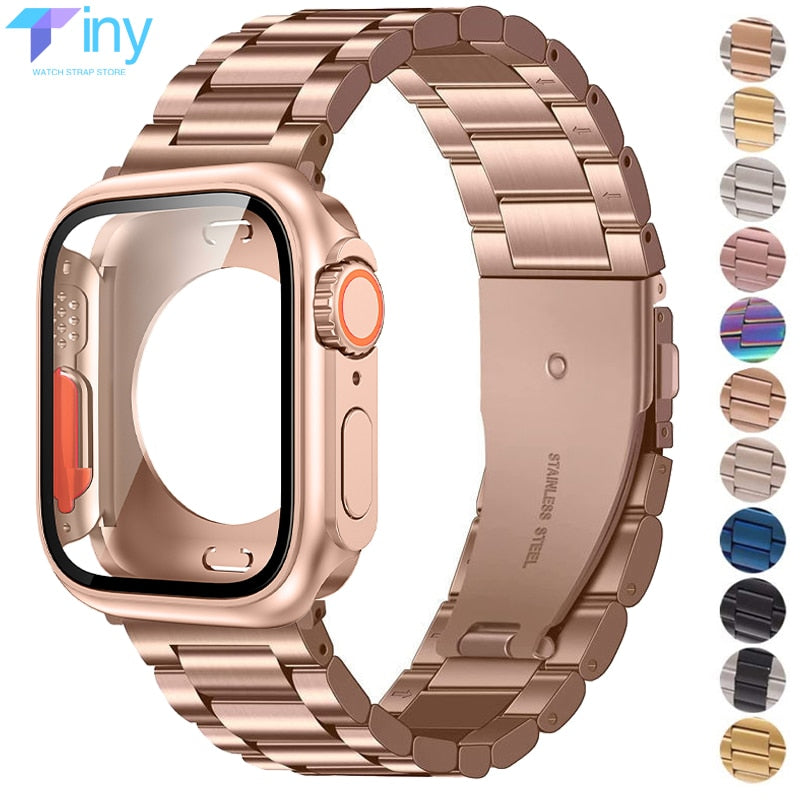 Stainless Steel Strap+case for Apple Watch Band 44mm 45mm Upgrade Ultra 49mm PC Cover Screen Bracelet Iwatch Series 8 7 6 SE 5 4