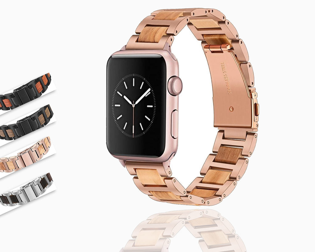 Apple Watch Band, Natural Wood & Stainless Steel sport link Strap Brac ...