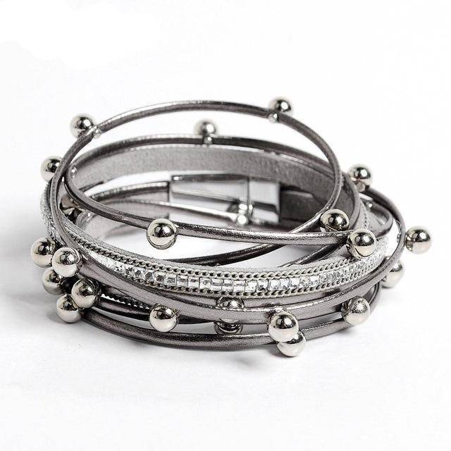 www.Nuroco.com - Silver beads Wrap leather bangle bracelet