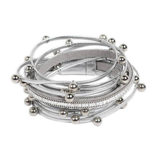www.Nuroco.com - Silver beads Wrap leather bangle bracelet