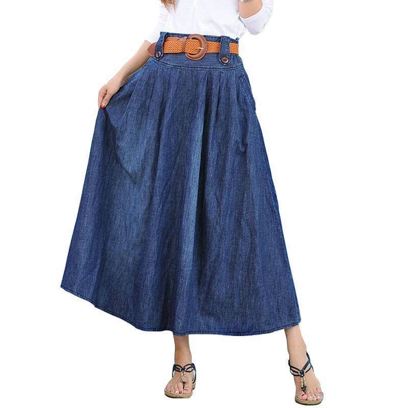 www.Nuroco.com - High waist denim long blue skirts with belt women ...