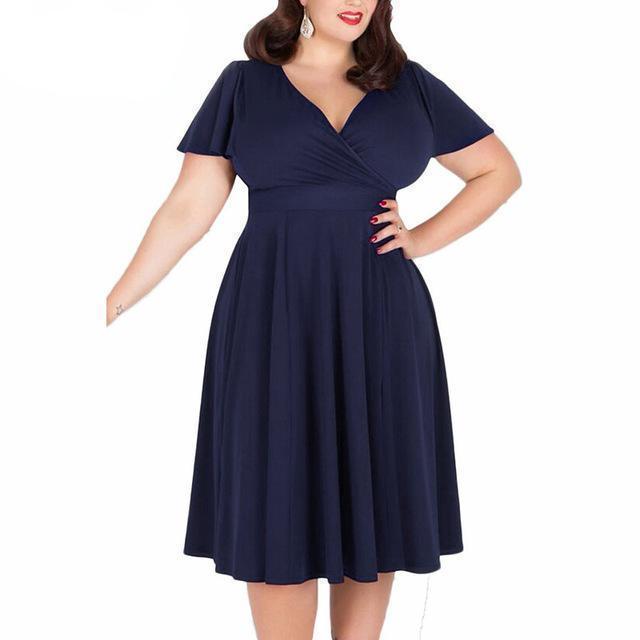 www.Nuroco.com - Plus Size - Women V-neck 50s Party A-line Dress Vintage Stretchy