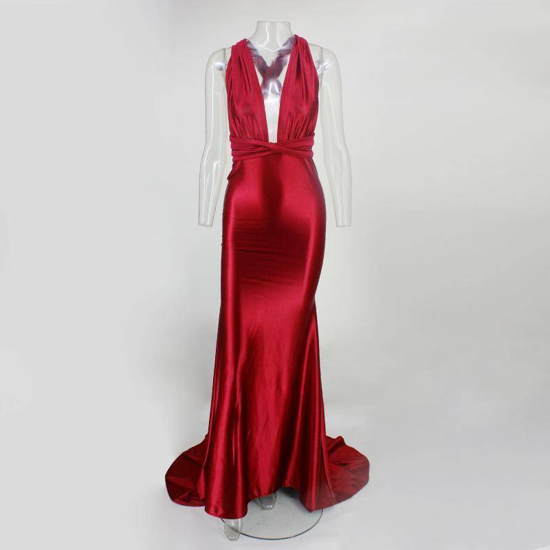 Red Shiny Satin Cowl Neck Mermaid Long Prom Dress - Promfy