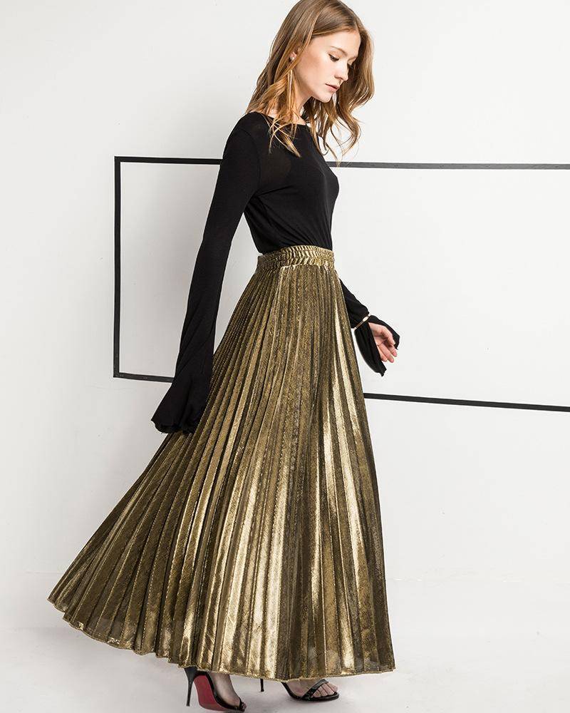 www.Nuroco.com - Metallic Long Pleated Floor length Maxi Skirt Gold or ...