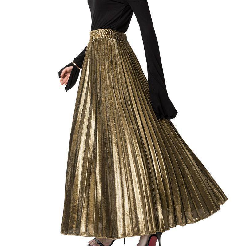www.Nuroco.com - Metallic Long Pleated Floor length Maxi Skirt Gold or  silver (US 8-14)