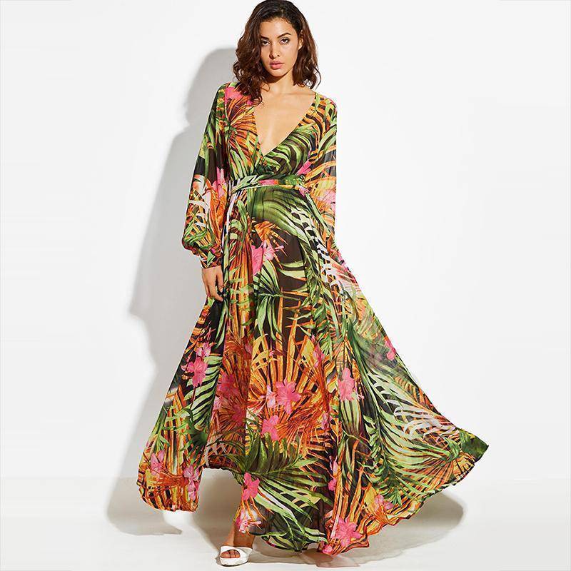 www.Nuroco.com - Tropical Bohemian Chiffon Maxi Dress Robe (US 6 -16)