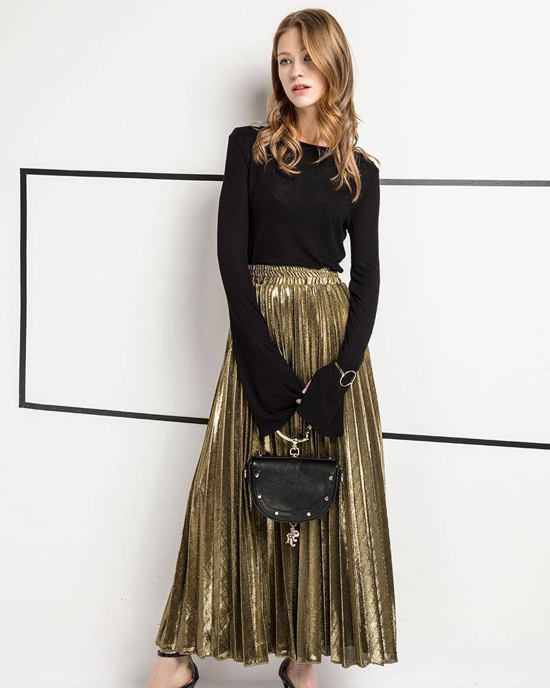 metallic long pleated skirt