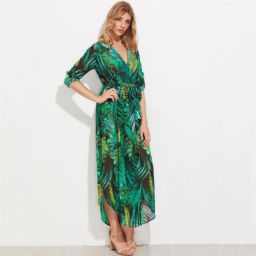 Veeki Summer 2020 Maxi Dress Loose Clothes Women Sleeveless V-neck Sexy  Beach Dress Fashion Flower Print Ladies Long Dresses Green)