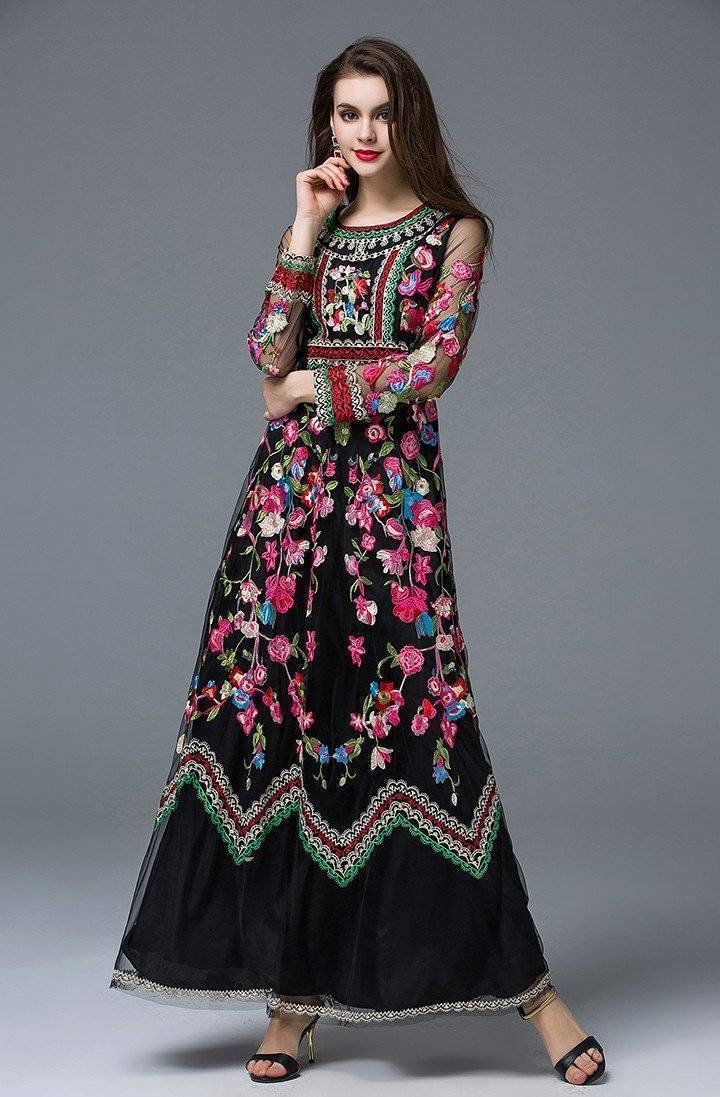 www.Nuroco.com - Runway Designer Long Gauze Floral Embroidery Dress (US ...