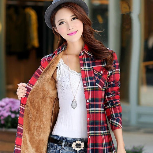 Velvet Plaid Shirts Womens Keep Warm Blouses Long Sleeve Lady Tops Female  Clothes Checked Outwear Winter News