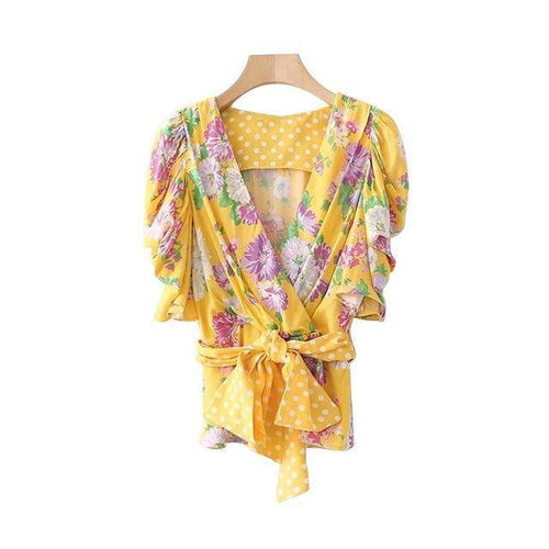 Yellow V neck floral shirt bow tie dot belt pleated short sleeve blouse (US  2-6)