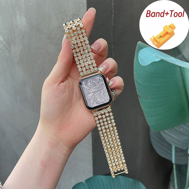 Lady Luxury Diamond Gold Strap For Apple Watch Band Series 7 6 5 4 Rin –  