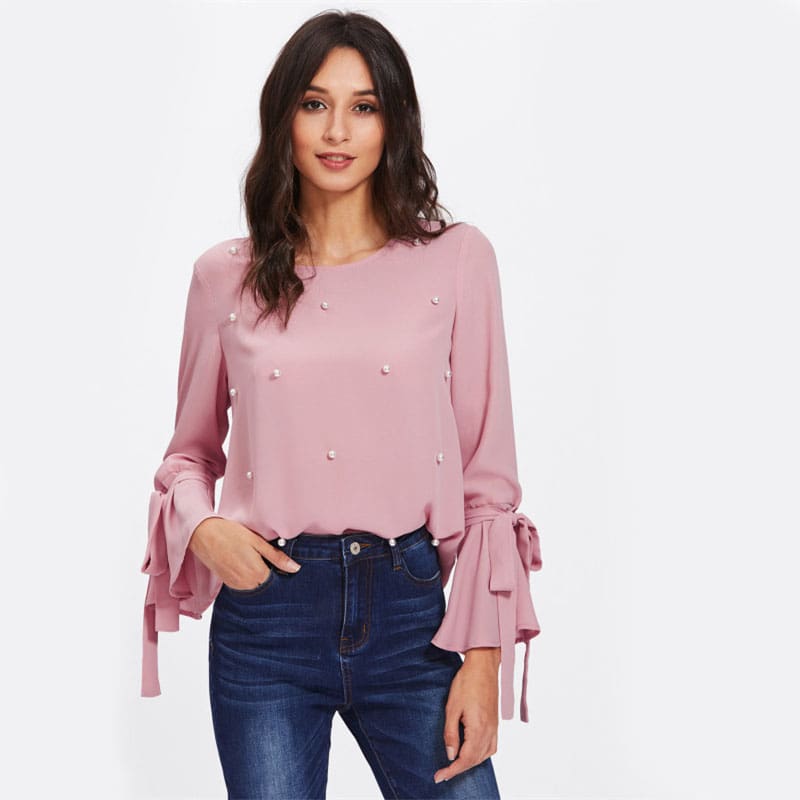 Pink ruffle discount blouse long sleeve