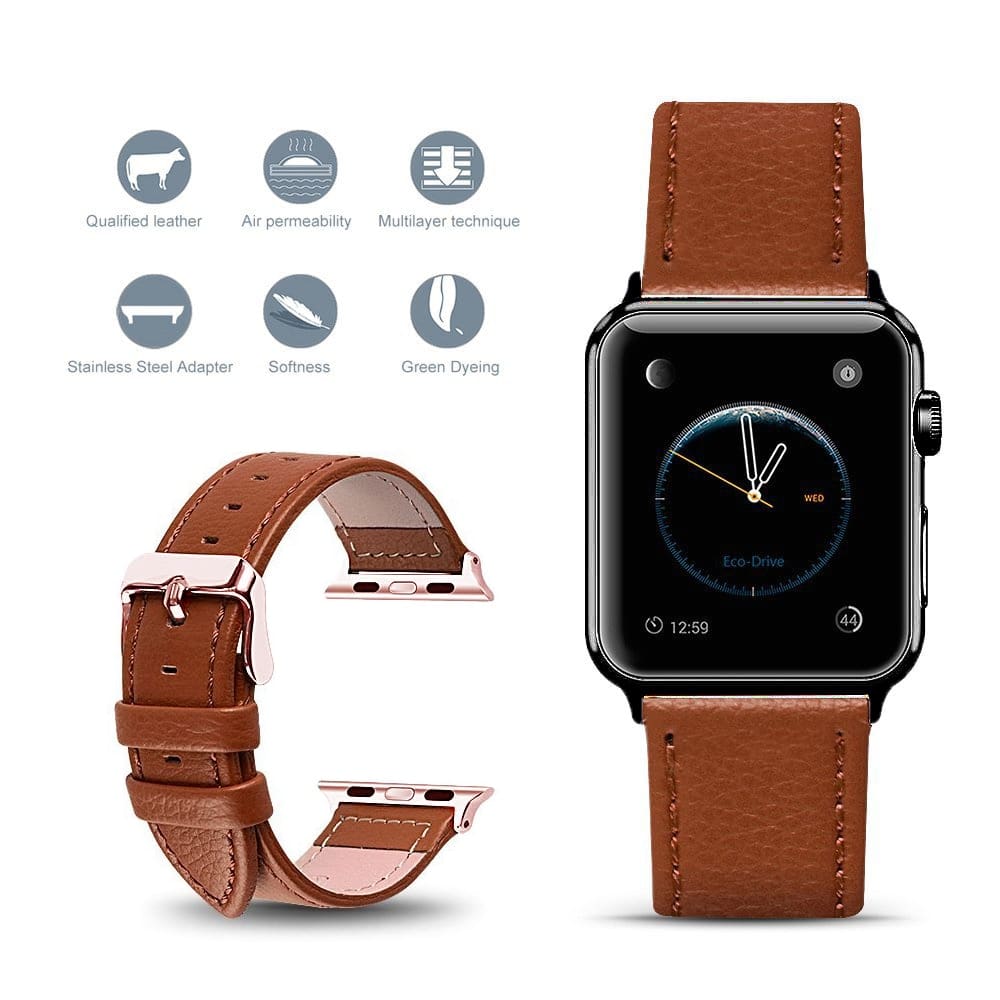 Apple Watch Band strap, Best iwatch Genuine Leather Watchband, rose gold adaptor connector & buckle, 44mm/ 40mm/ 42mm/ 38mm Series 4 3 2 1