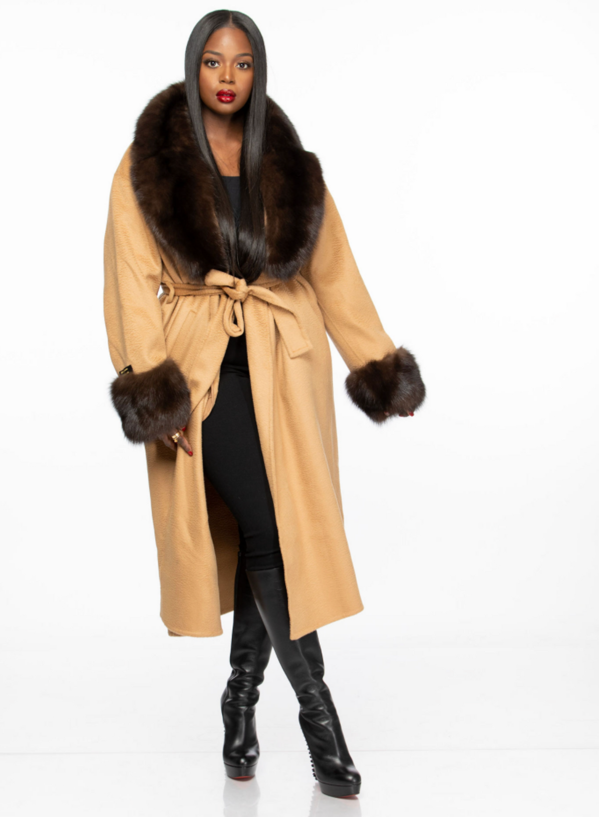 tan pelted faux fur collar cuff coat