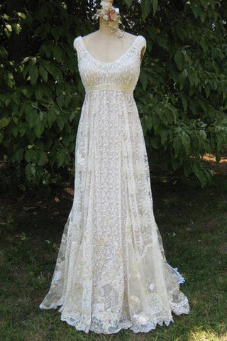 Cap-Sleeve Deep-V-Neck Vintage Lace Wedding Dress With Flower And Sweep Train