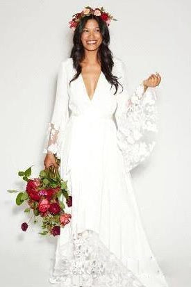 Simple Bohemian Long Sleeves Deep V Neck Hippie Beach Wedding Gown