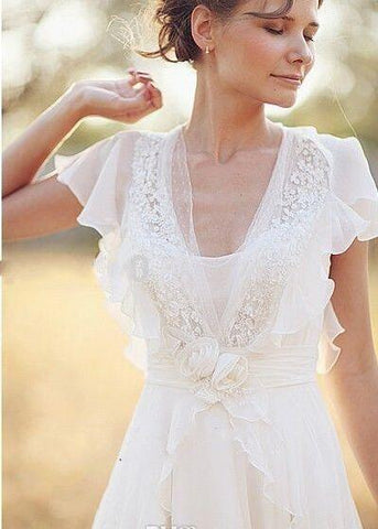 Bohemian Pearls Deep V Neck Backless Flower Beading Sheer Sleeve Pleats Chiffon Wedding Dress