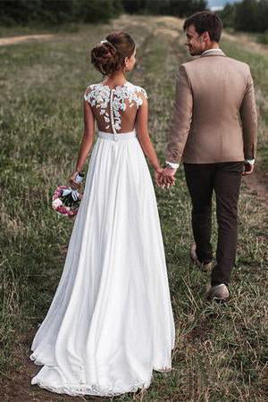 Lovely Simple Beach Lace Appliqued Cap Sleeves Chiffon Wedding Dress