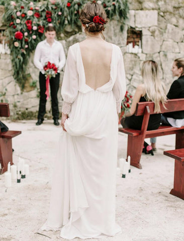 Puffy Long Sleeve Greek Sexy Backless Chiffon Beach Bridal Gown