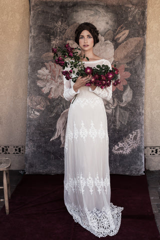 Ethereal Bohemian Chiffon Brush Train Garden Wedding Dress With Lace Appliques