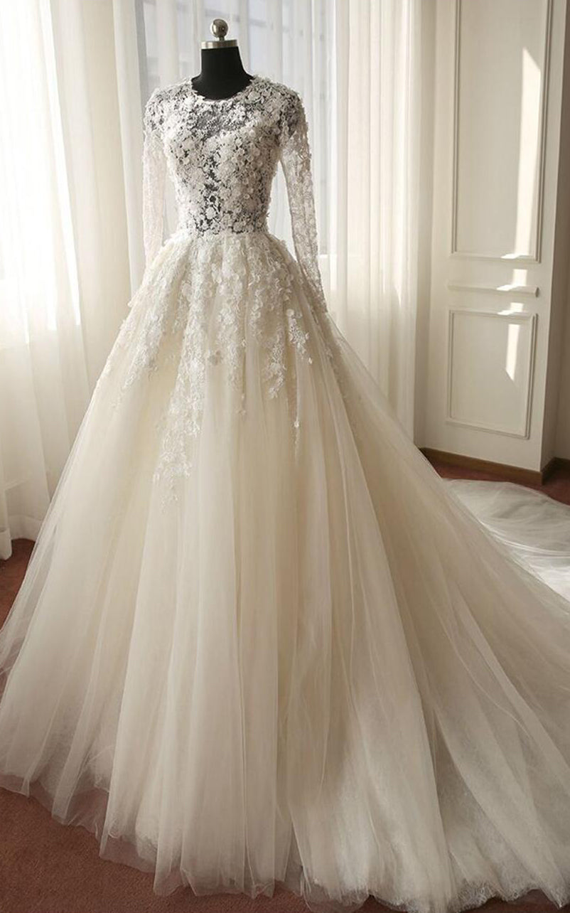 illusion sleeve ball gown wedding dress