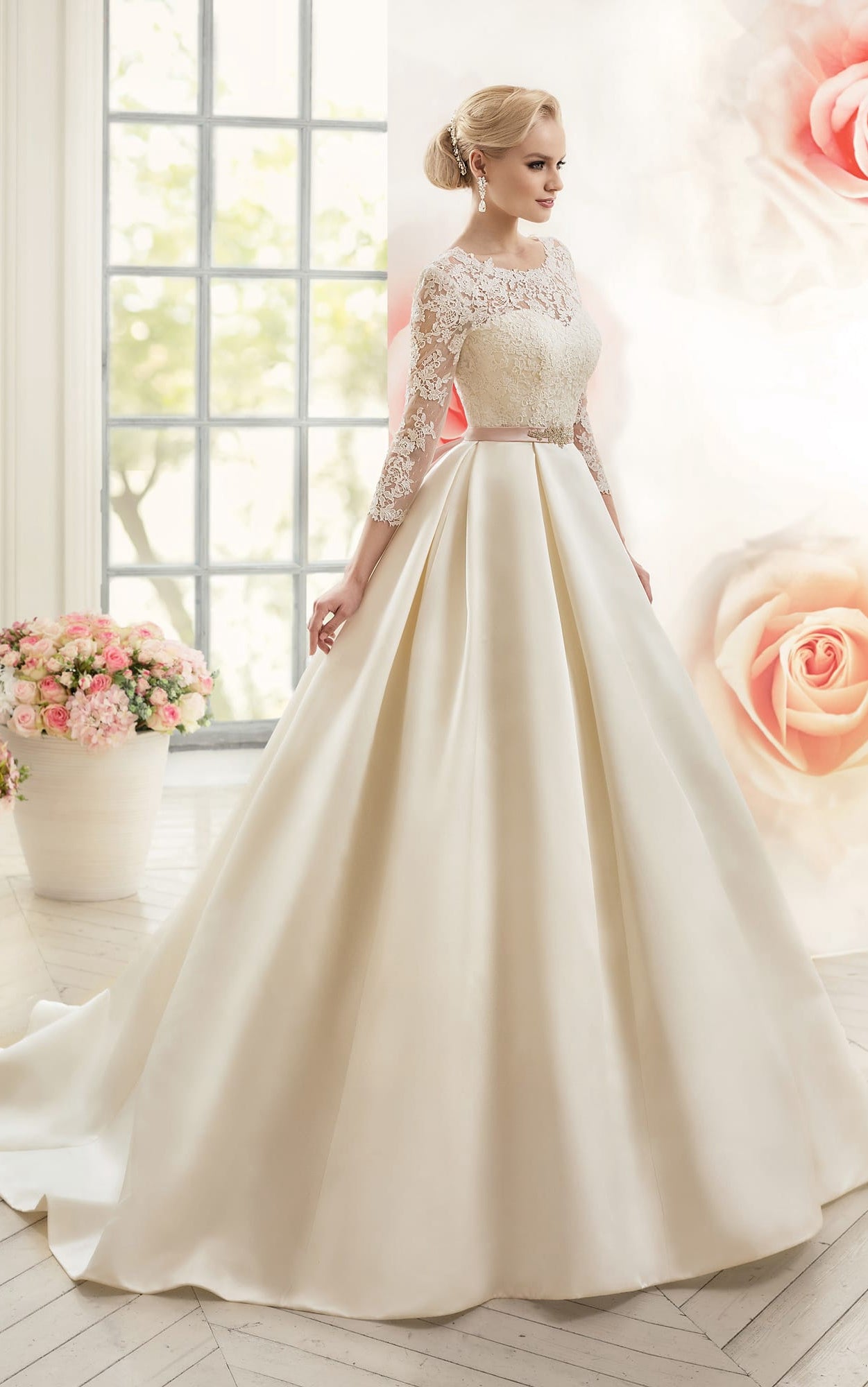 Long-Sleeve Deep-V-Back Satin Lace Wedding Dress | Dorris Dress ...