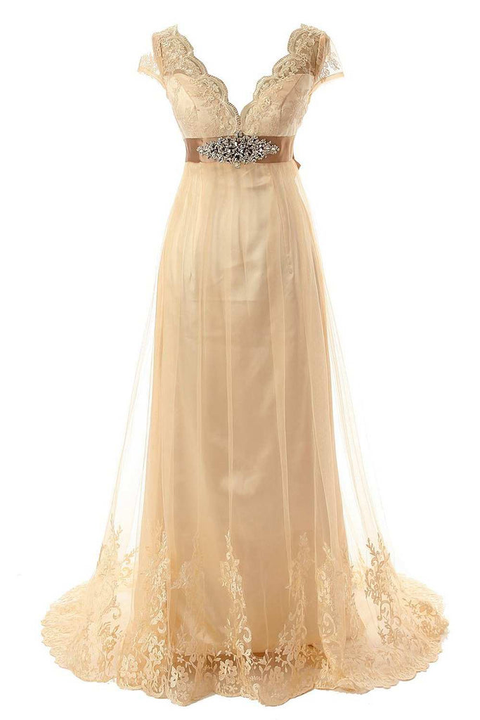 Cap Sleeve Low V Neck A-line Lace Gown With Beaded Belt-714854 ...