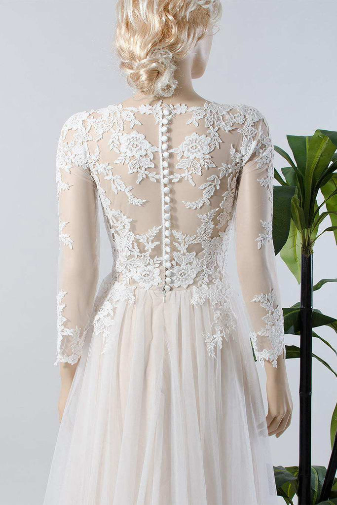 V-Neck Illusion Long Sleeve Lace Appliqued Tulle A-Line Pleated Weddin ...