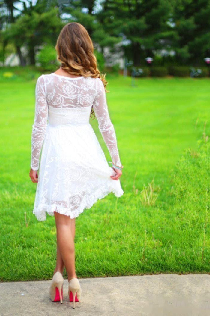 Classic Long Sleeves Lace Beach Knee-Length Wedding Dress With Beading ...