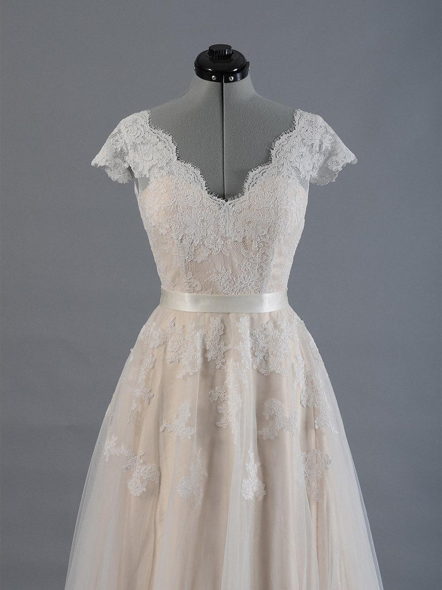 Cap Sleeve V-Neck Lace Wedding Dress With Tulle Skirt and V-Back-ET_71 ...