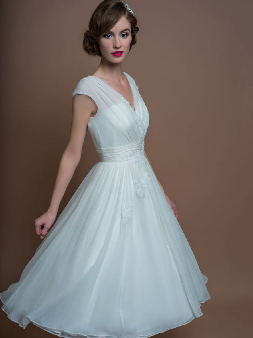 A-Line V-Neck Tea-Length Cap-Sleeve Appliqued Tulle Wedding Dress With ...