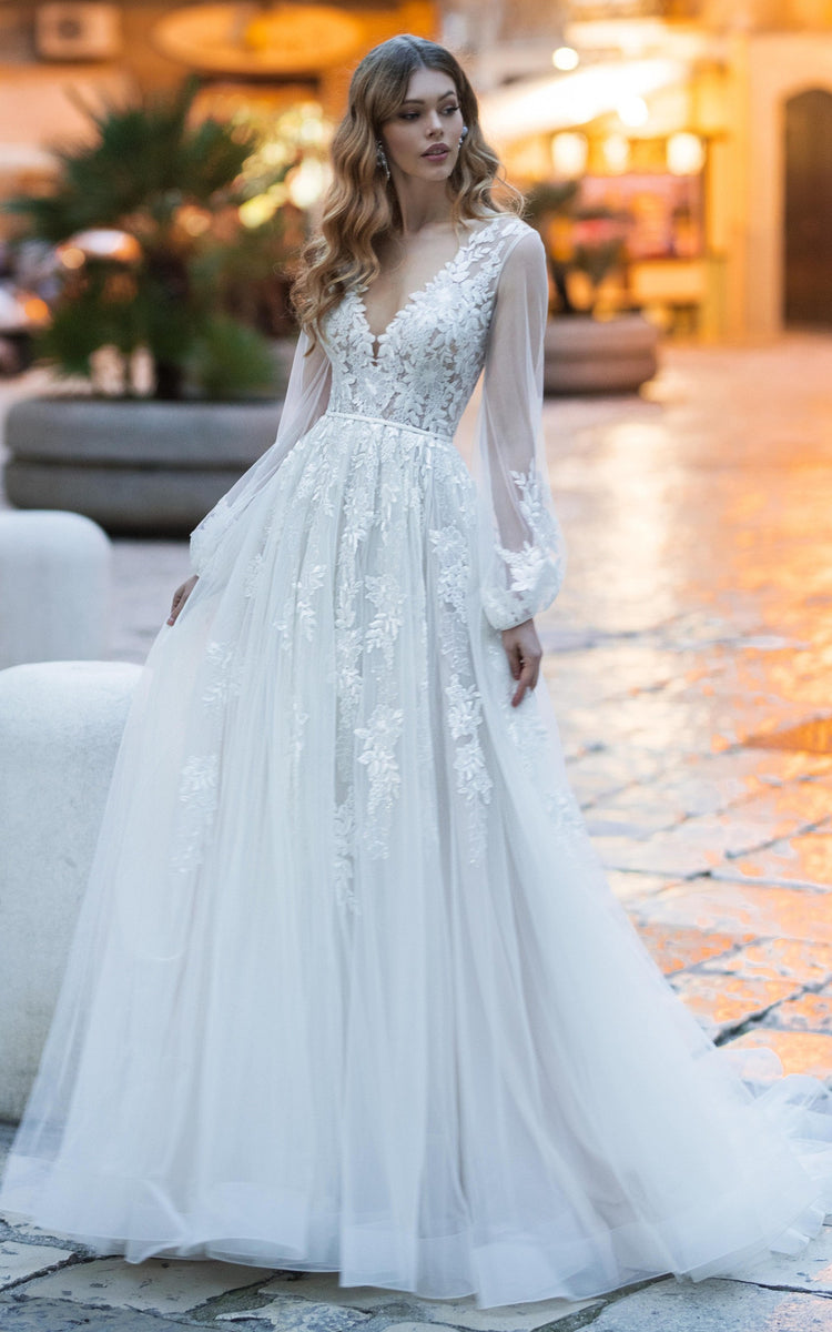 Romantic V-neck A Line Lace Court Train Wedding Dress with Appliques-7 ...