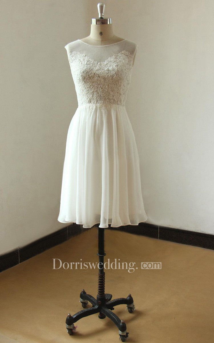 Mini Knee-Length Chiffon Lace Weddig Dress With Illusion – DorrisDress