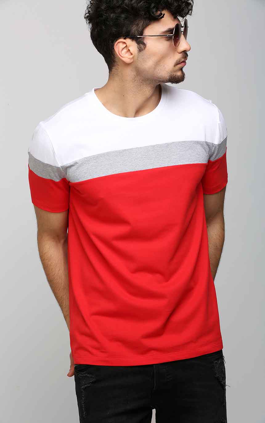 red crew neck shirt