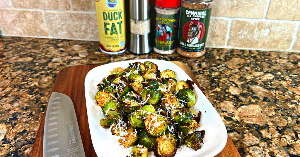 thanksgiving side dish, thanksgiving, holiday,Brussels Sprouts Recipe,Duck Fat,Cannibal,Adler Wood Smoked Sea Salt,Cheese,Parmigiana Cheese