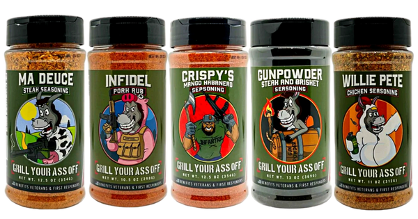 Willie Pete Chicken Seasoning, Infidel Pork Rub, Crispys Mango Habanero, Gunpowder Steak and Brisket Seasoning, Ma Deuce Steak Seasoning