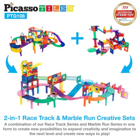 PicassoTiles - 2-in-1 Marble Run and Racing Track Magnet Toy Building Toys