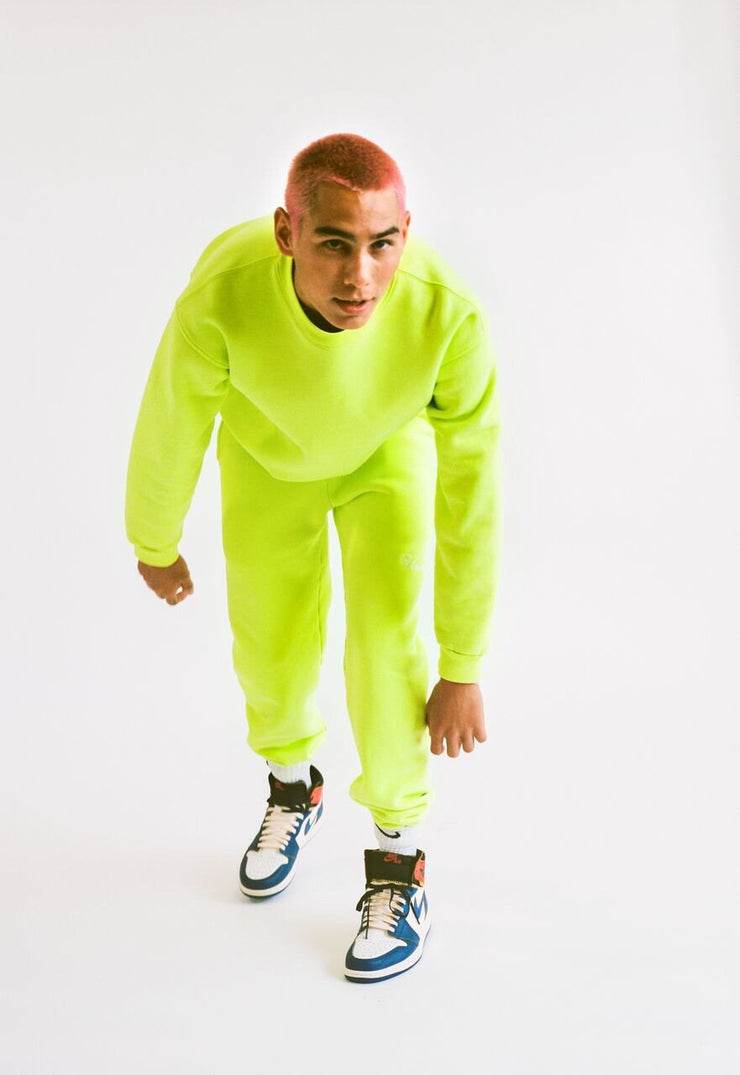 neon yellow sweatsuit